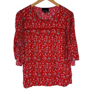 Cynthia Rowley Red Floral Scoop Neck Women's 3/4 Sleeve w/ Tie Tabs Blouse Sz S